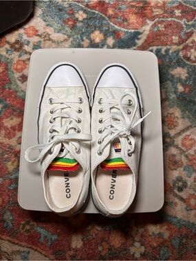 Converse White Low-Top Sneakers with Rainbow Tongue Stripes